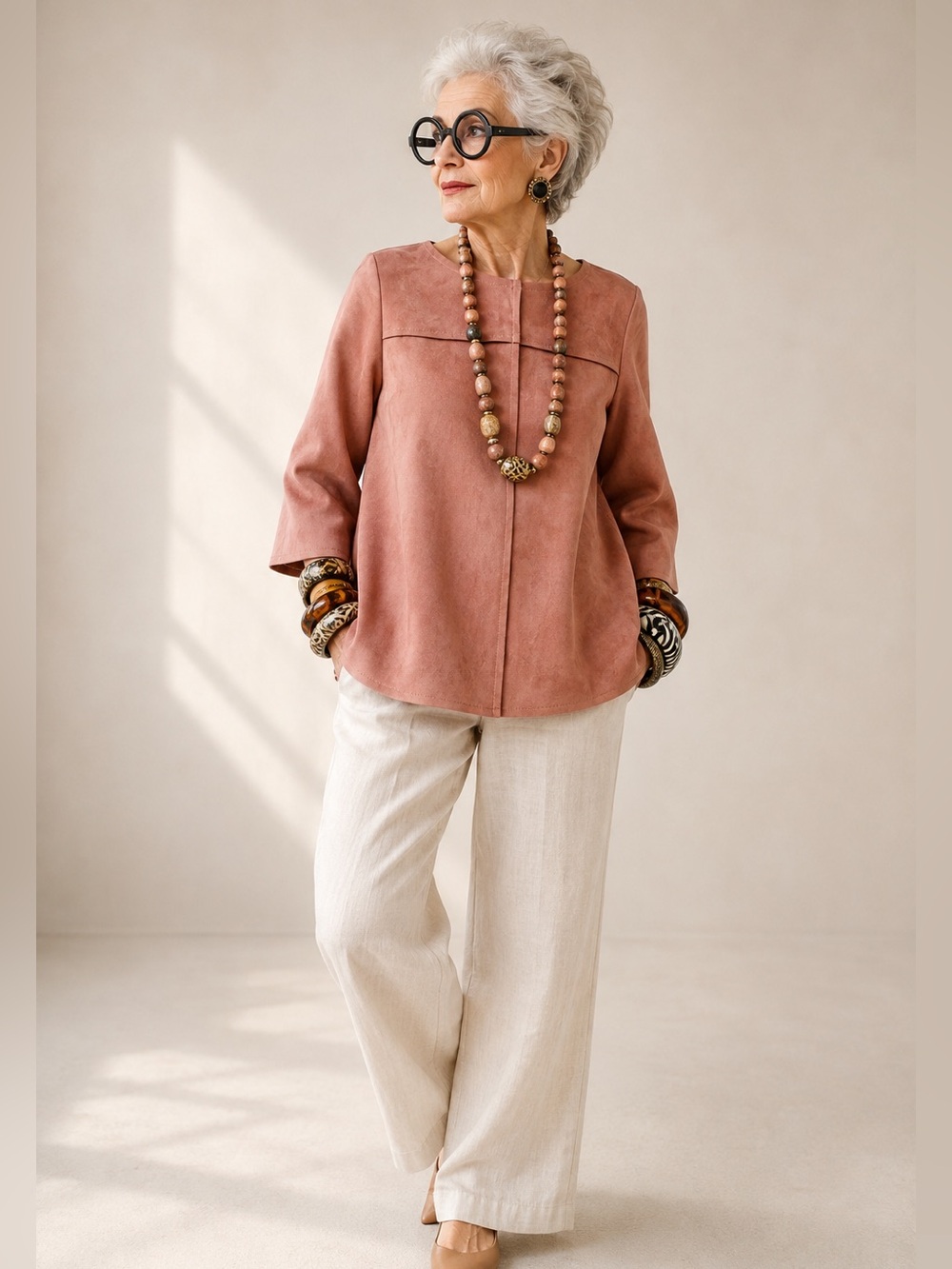 Rara Avis by Iris Apfel Faux Suede Tunic Top Prototype Sample Dusty Rose
